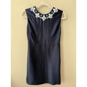 Tory Burch Navy Mini Dress with Embellished Flower Neckline